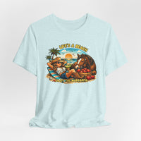 Life's A Beach Western Tee featuring a girl relaxing with a horse, sunset, and margaritas on a beach.