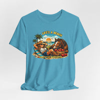 Life's A Beach Western Tee in vibrant blue featuring a cowgirl relaxing with a horse and margarita, perfect for beach lovers.