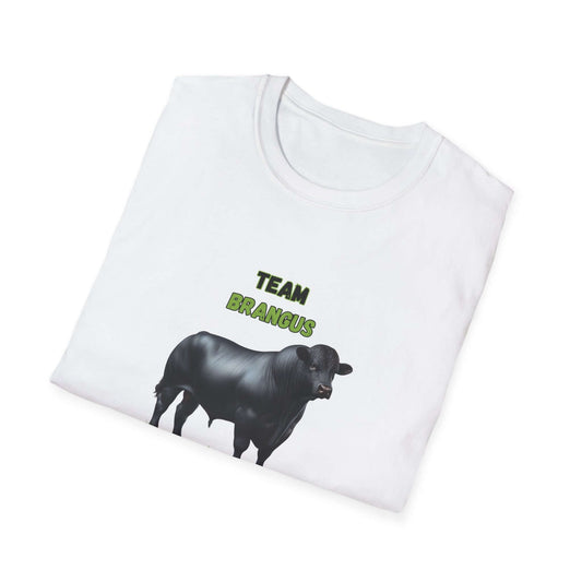 Brangus Cattle Farmer Tee featuring a black calf graphic and Team Brangus text printed on a white shirt.