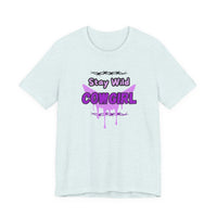 Cowgirl Western Tee with purple "Stay Wild COWGIRL" graphic on a light-colored fabric, perfect for a rebellious look.
