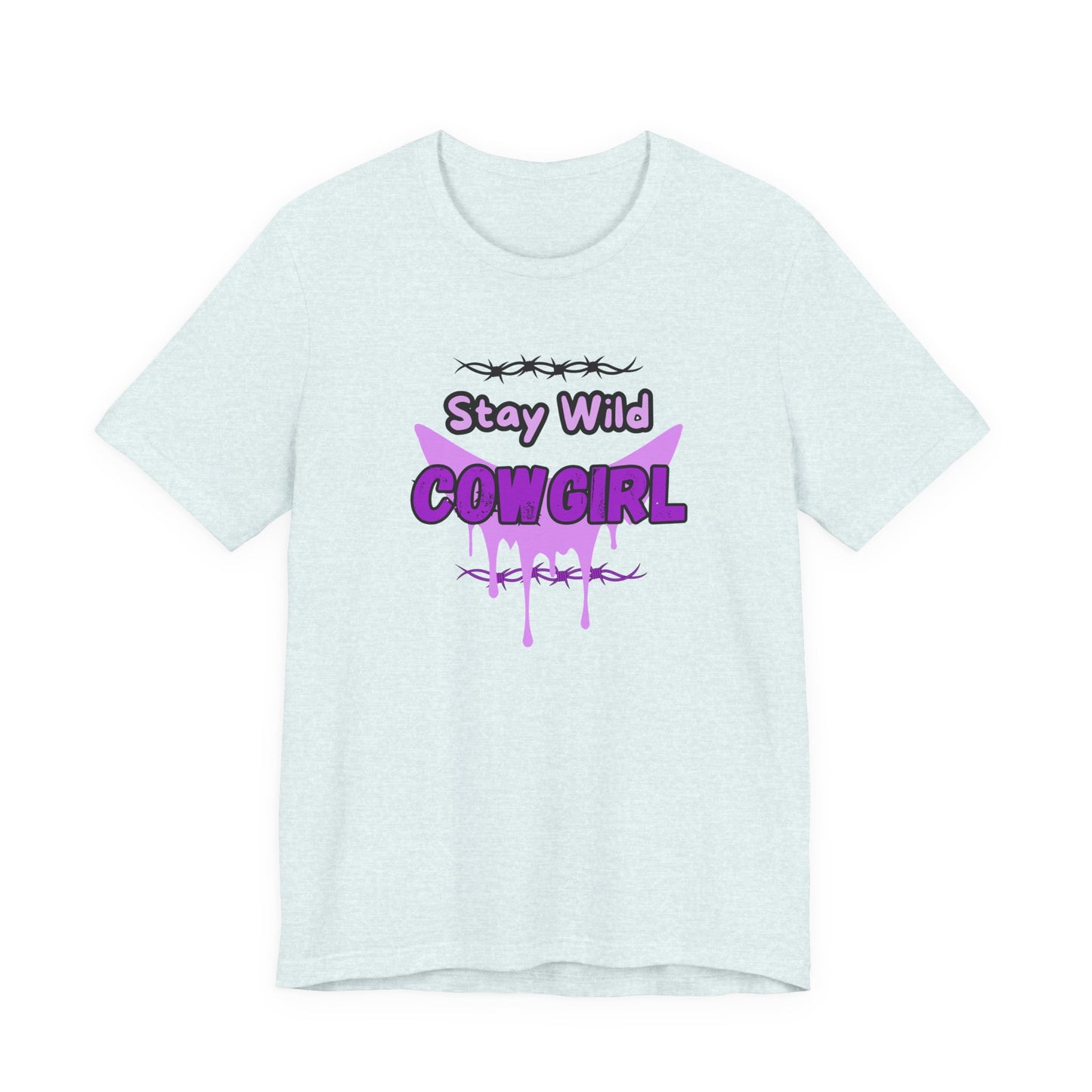 Cowgirl Western Tee with purple "Stay Wild COWGIRL" graphic on a light-colored fabric, perfect for a rebellious look.