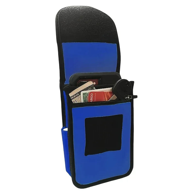 Cell Phone Holster in blue displaying phone and cards, ideal for riding and outdoor adventures, secure and durable design.