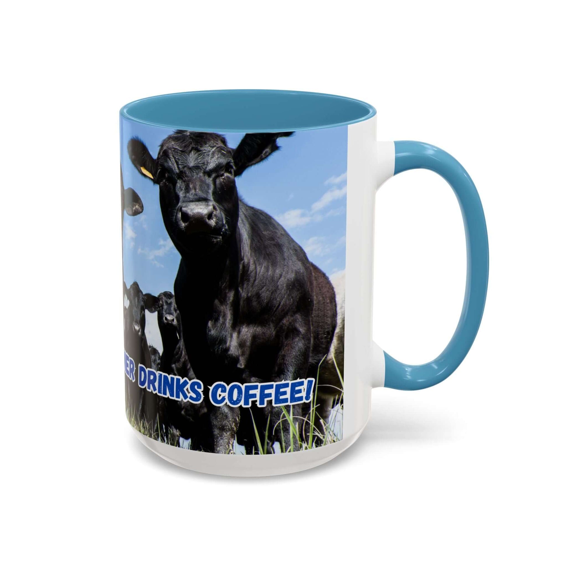 Black Angus Coffee Mug featuring humorous cattle artwork and quote, perfect for ranchers and gifts for Dad.