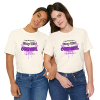 Two women wearing Cowgirl Western Tee with 'Stay Wild COWGIRL' graphic in purple on a white shirt.