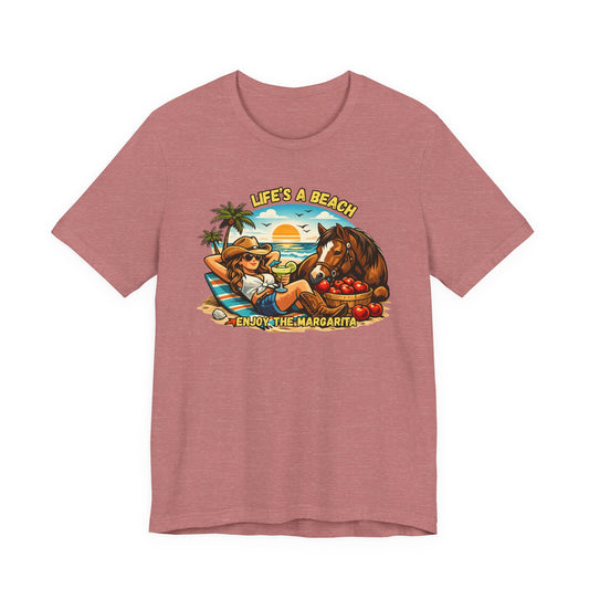 Life's A Beach Western Tee featuring a cowgirl and horse enjoying a beach scene with sunset and margaritas.