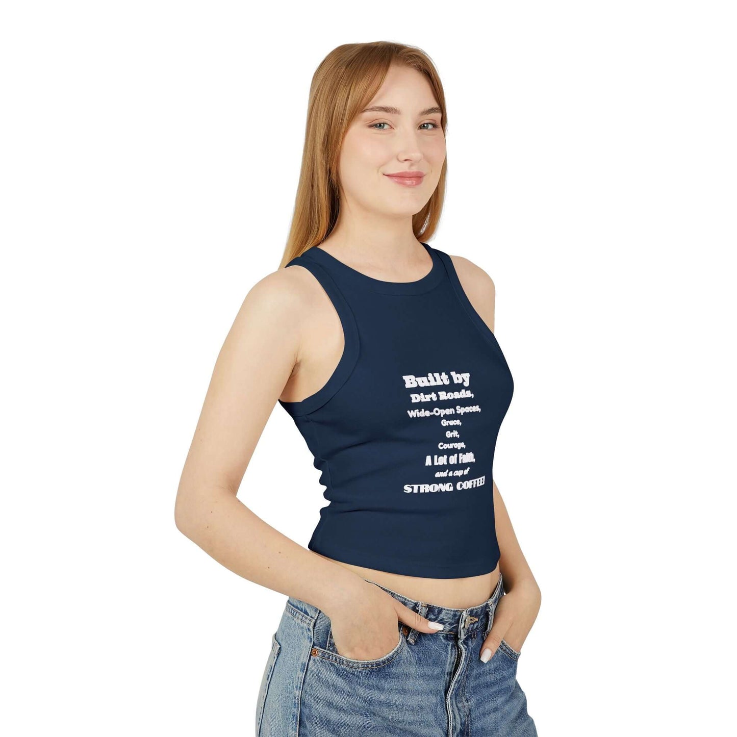 Women Racer Tank featuring a navy blue crop design with bold text, great for summer and festivals.