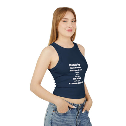 Women Racer Tank featuring a navy blue crop design with bold text, great for summer and festivals.