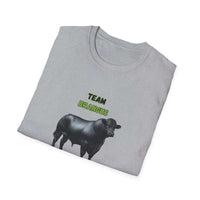 Brangus Cattle Farmer Tee featuring Team Brangus print and a graphic of a black Brangus cow.