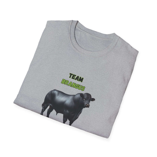 Brangus Cattle Farmer Tee featuring Team Brangus print and a graphic of a black Brangus cow.