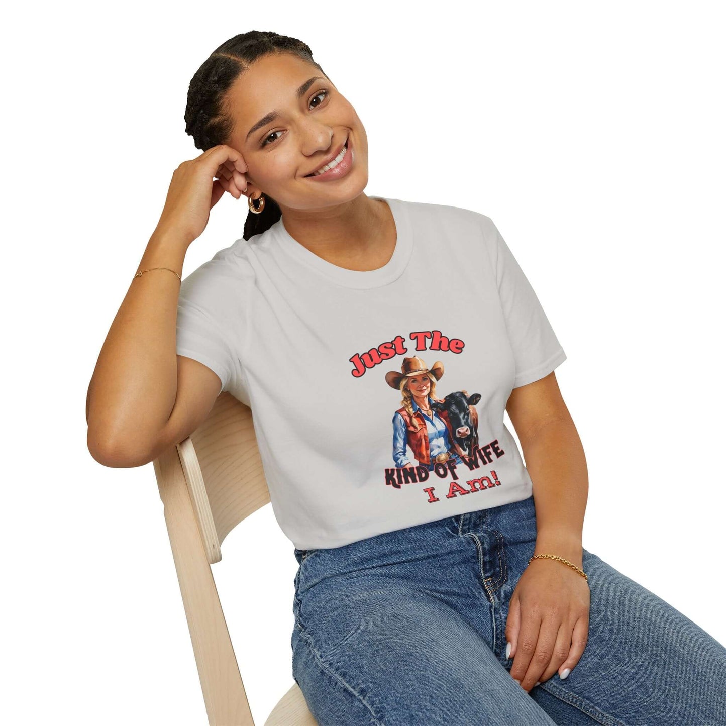 Funny Farm Wife Shirt featuring a smiling woman in a tee that reads 'Just the Kinda of Wife I Am'.