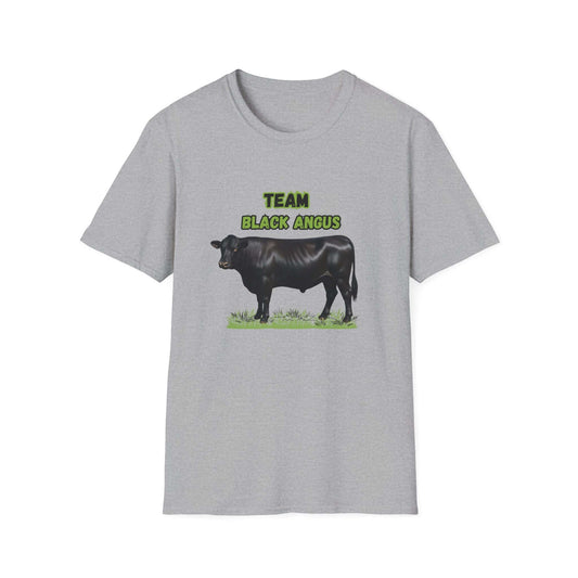 Black Angus Lover T-Shirt featuring a black cow design with 'TEAM BLACK ANGUS' text.