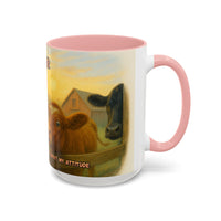 Cow Farm Mug featuring cows and the quote 'Because Cows Don't Care About My Attitude' with a pink handle.
