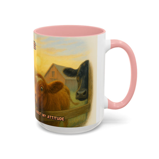 Cow Farm Mug featuring cows and the quote 'Because Cows Don't Care About My Attitude' with a pink handle.