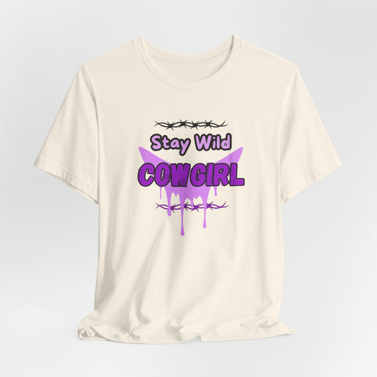 Cowgirl Western Tee featuring "Stay Wild COWGIRL" graphic on a lightweight cream shirt.