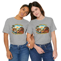 Two women wearing Life's A Beach Western Tee with a colorful beach graphic, showcasing western humor and cowgirl style.