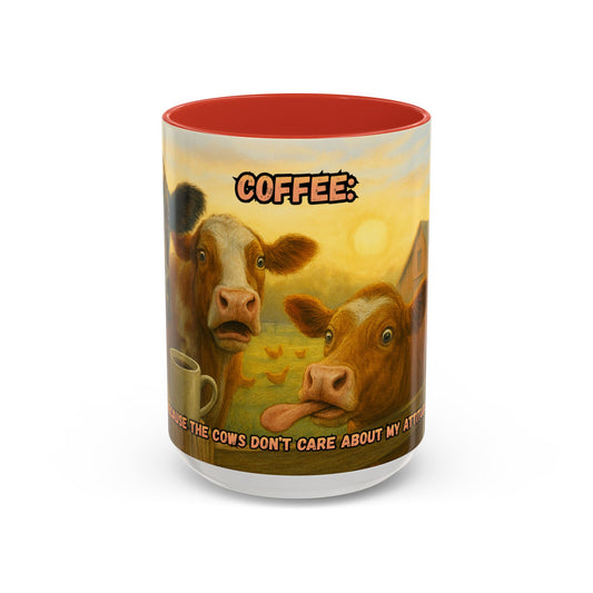 Cow Farm Mug featuring humorous cows and sunrise, perfect for farm lovers and dads.