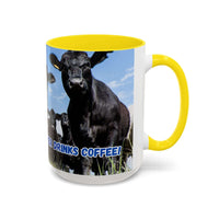 Black Angus Coffee Mug featuring bold black Angus artwork and humorous quote, perfect as a gift for ranchers.