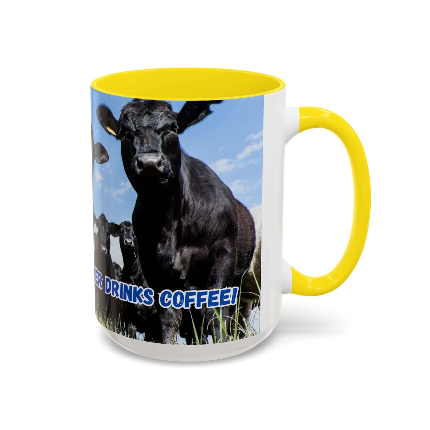 Black Angus Coffee Mug featuring bold black Angus artwork and humorous quote, perfect as a gift for ranchers.