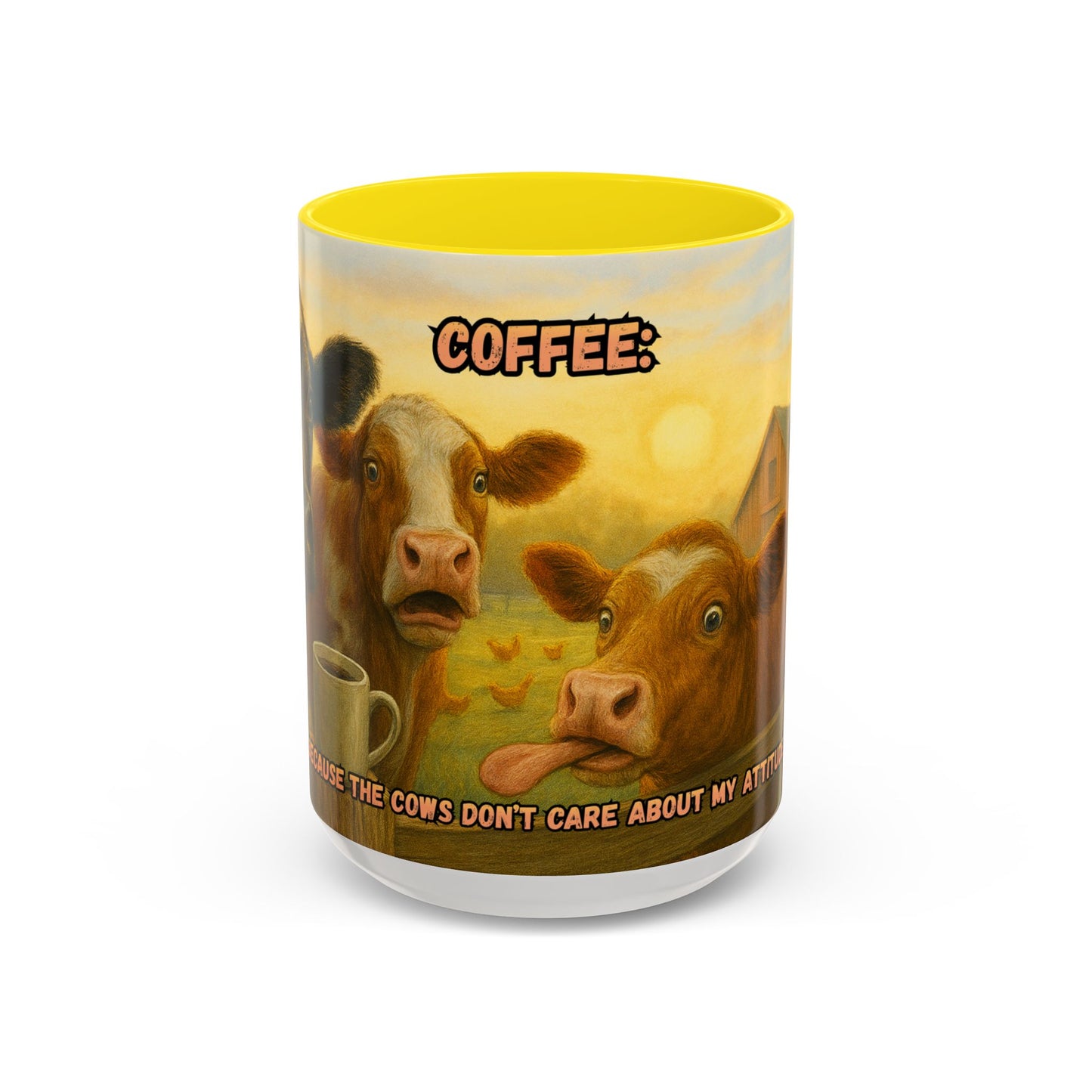 Cow Farm Mug featuring humorous cows and a sunny farm scene, perfect gift for dad and cow lovers.