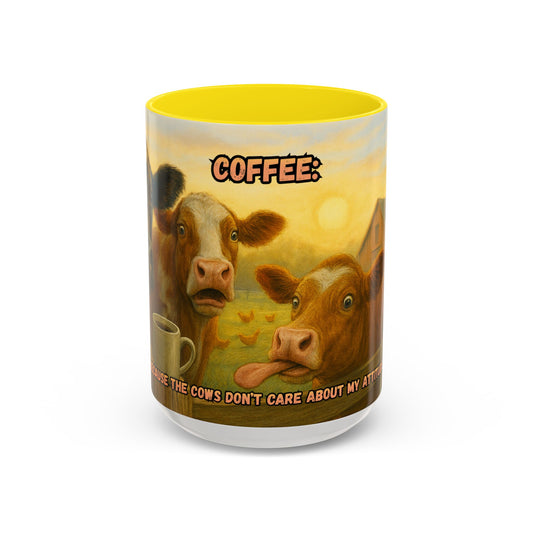 Cow Farm Mug featuring humorous cows and a sunny farm scene, perfect gift for dad and cow lovers.