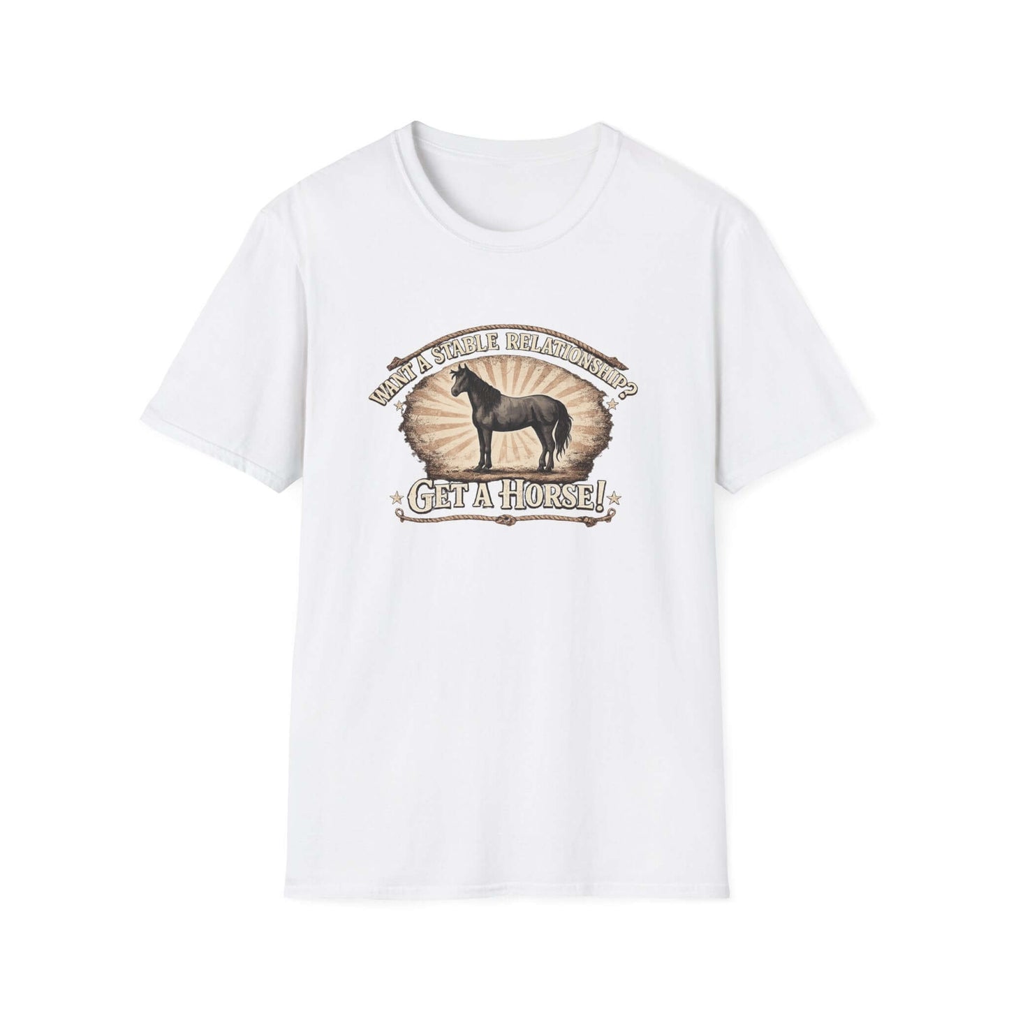 Get a Horse T-Shirt featuring barnyard humor and a horse silhouette on a white background, perfect for cowgirl apparel.