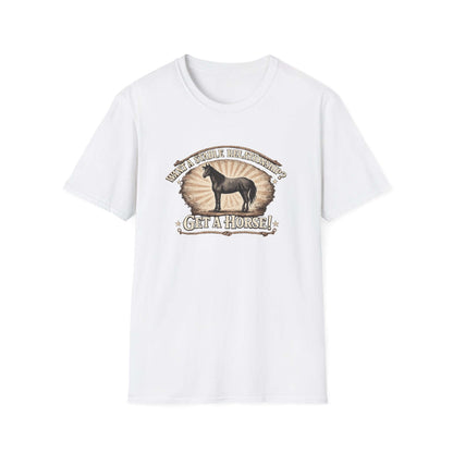 Get a Horse T-Shirt featuring barnyard humor and a horse silhouette on a white background, perfect for cowgirl apparel.
