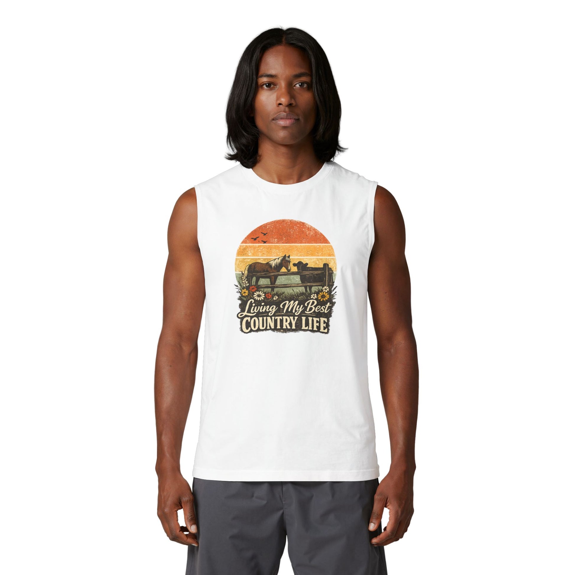 Country Life Tank, white muscle tank with sunset artwork and 'Living My Best Country Life' text.