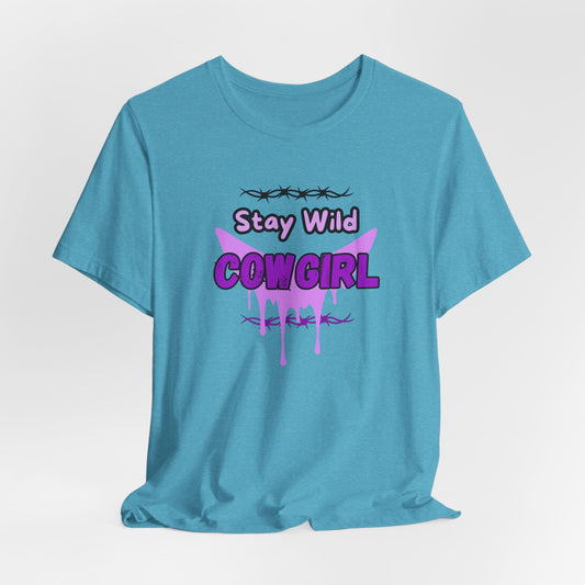 Cowgirl Western Tee featuring a bold 'Stay Wild COWGIRL' graphic on a turquoise t-shirt.