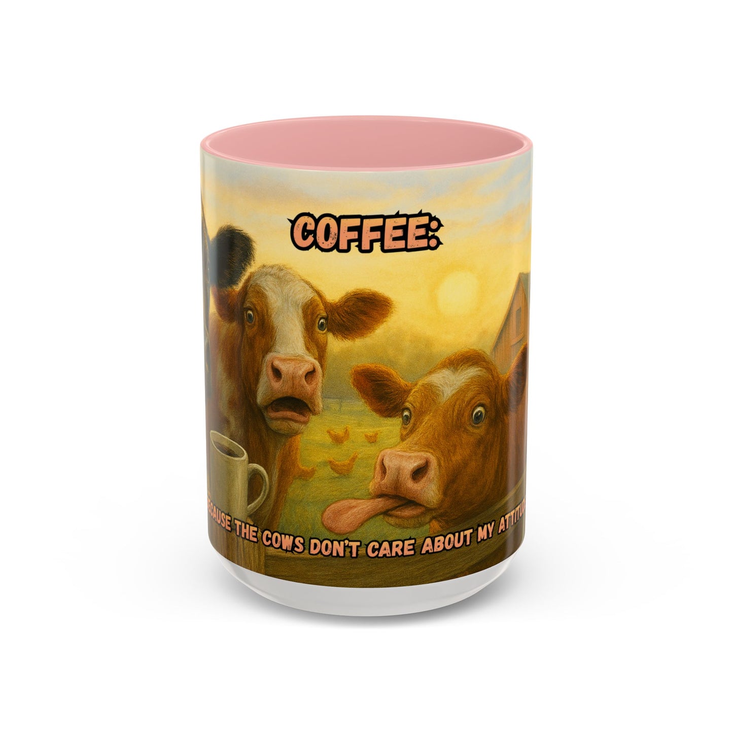 Cow Farm Mug featuring cows and humorous text about attitude, perfect gift for cow lovers and dads.