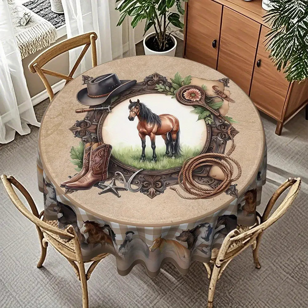 Western Cowboy Horse Round Tablecloth with horse, cowboy hat, boots, and lasso design