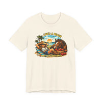 Life's A Beach Western Tee featuring a cowgirl and horse enjoying sunset and margaritas.