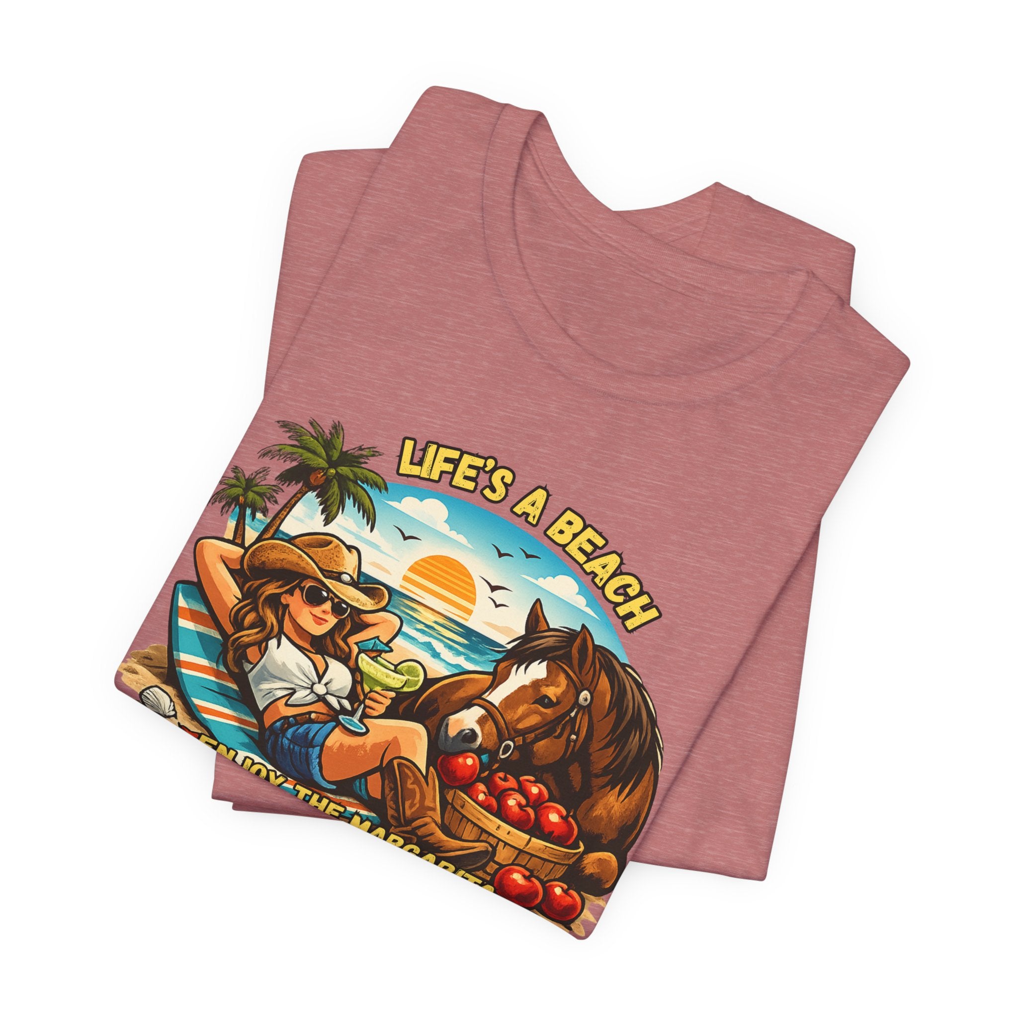 Life's A Beach Western Tee featuring a cowgirl, horse, and beach scene on a soft cotton shirt.