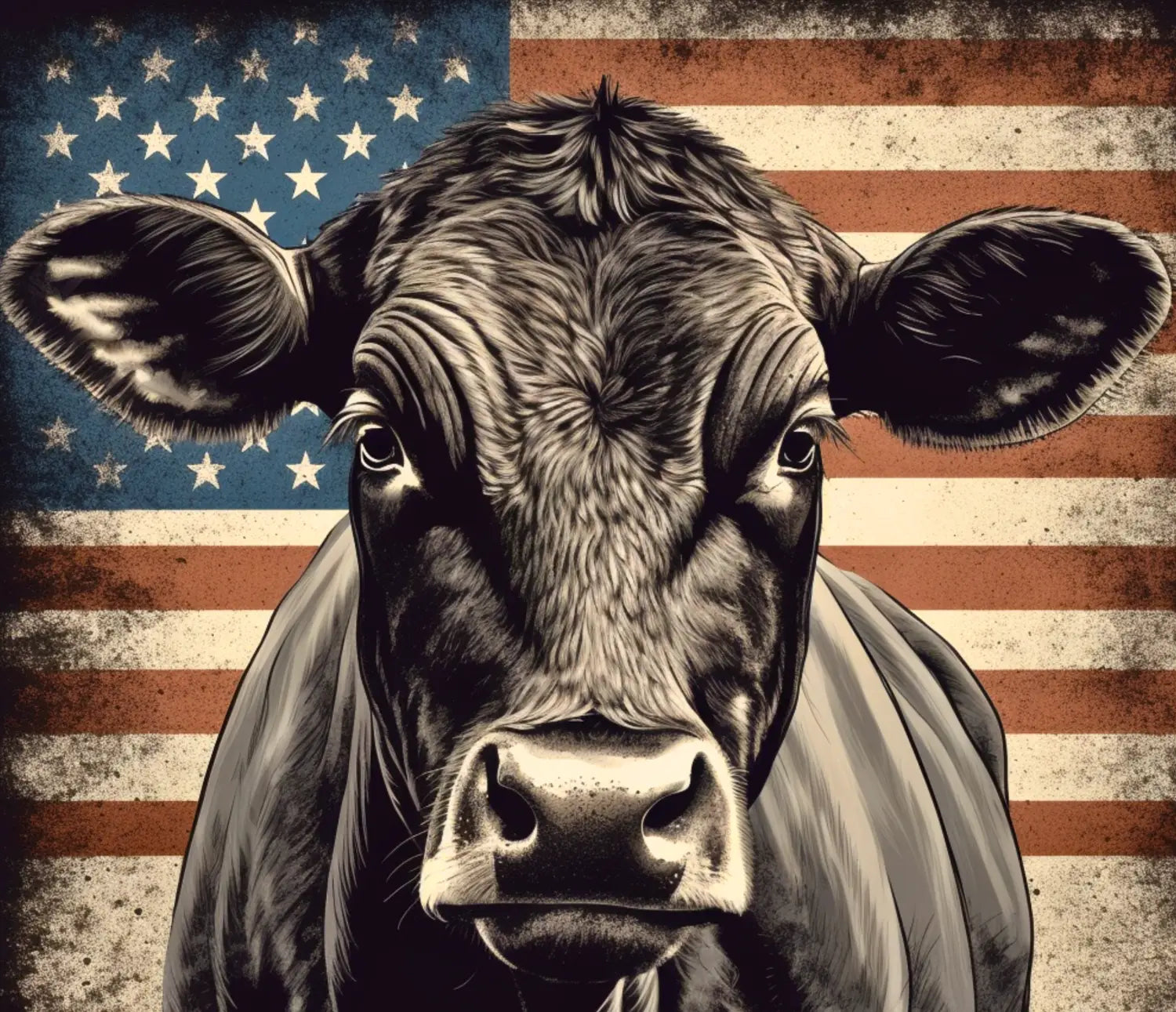 Angus Cow with American flag backdrop on patriotic 20oz Skinny Tumbler for farmers and ranchers