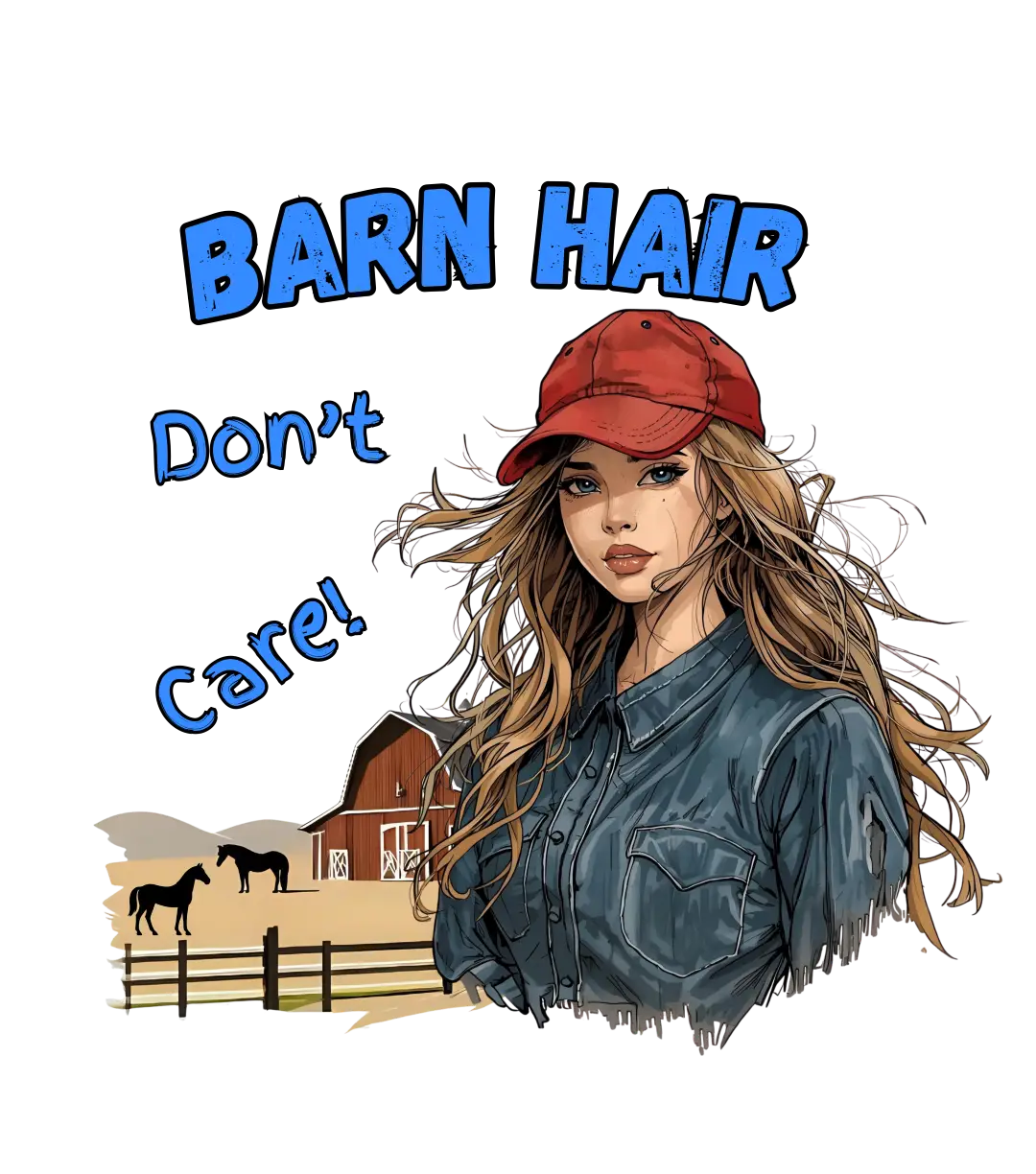 Cartoon woman with long brown hair in a red cap and denim shirt near barn and horses