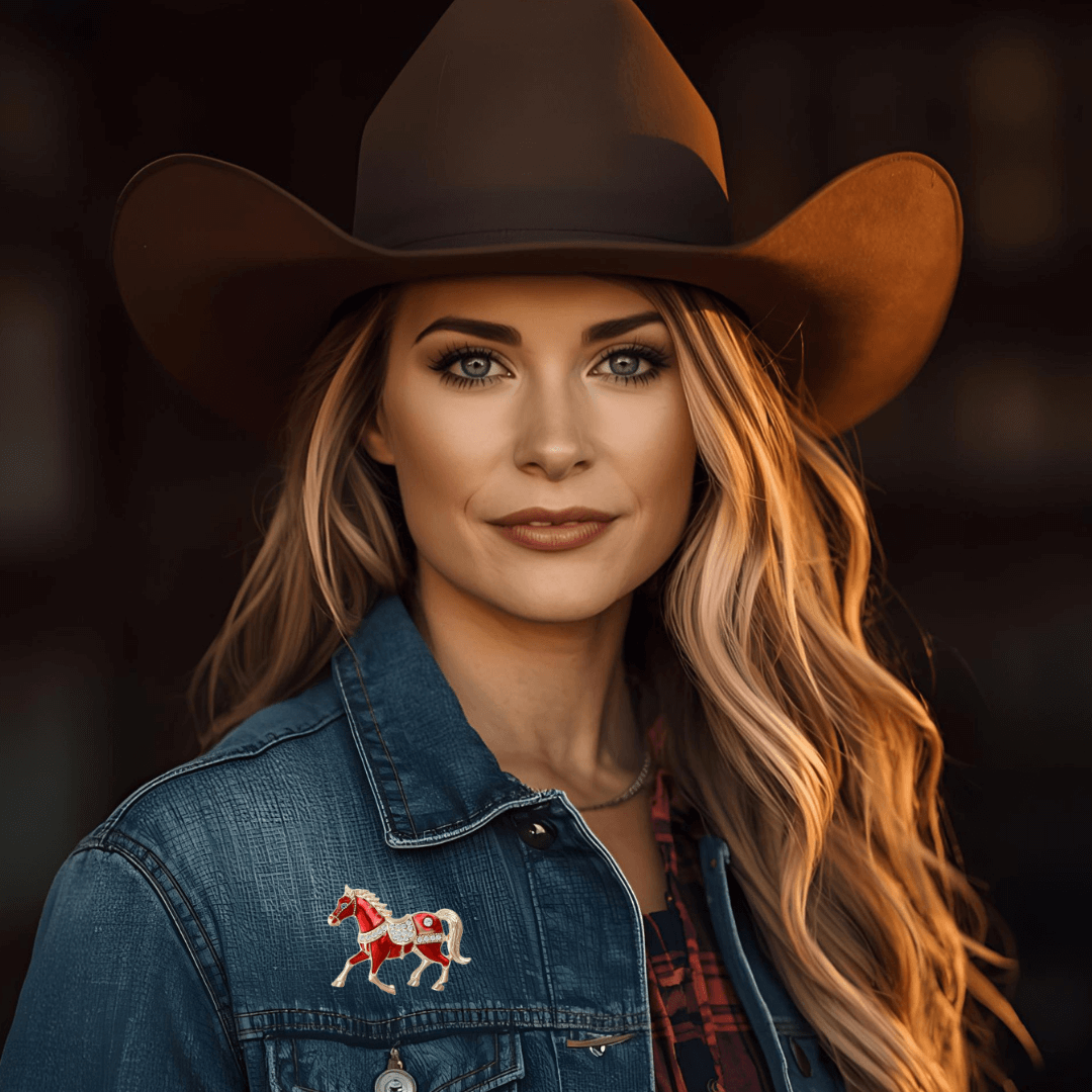 Cowgirl Gift Ideas featuring a woman in a cowboy hat wearing a rhinestone horse brooch on her denim jacket.