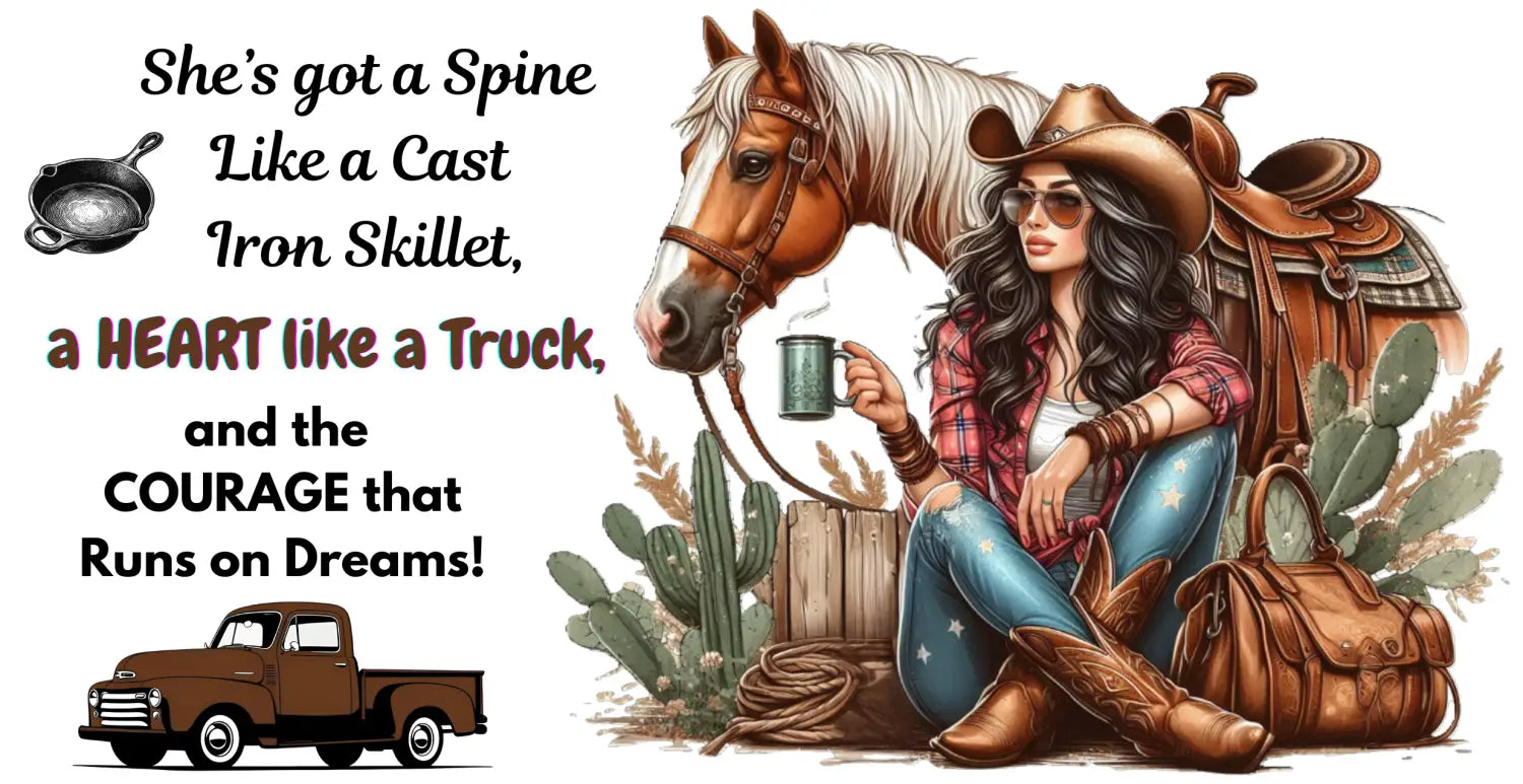 Cowgirl-themed inspirational art on a 15oz mug with Western design and motivational quote