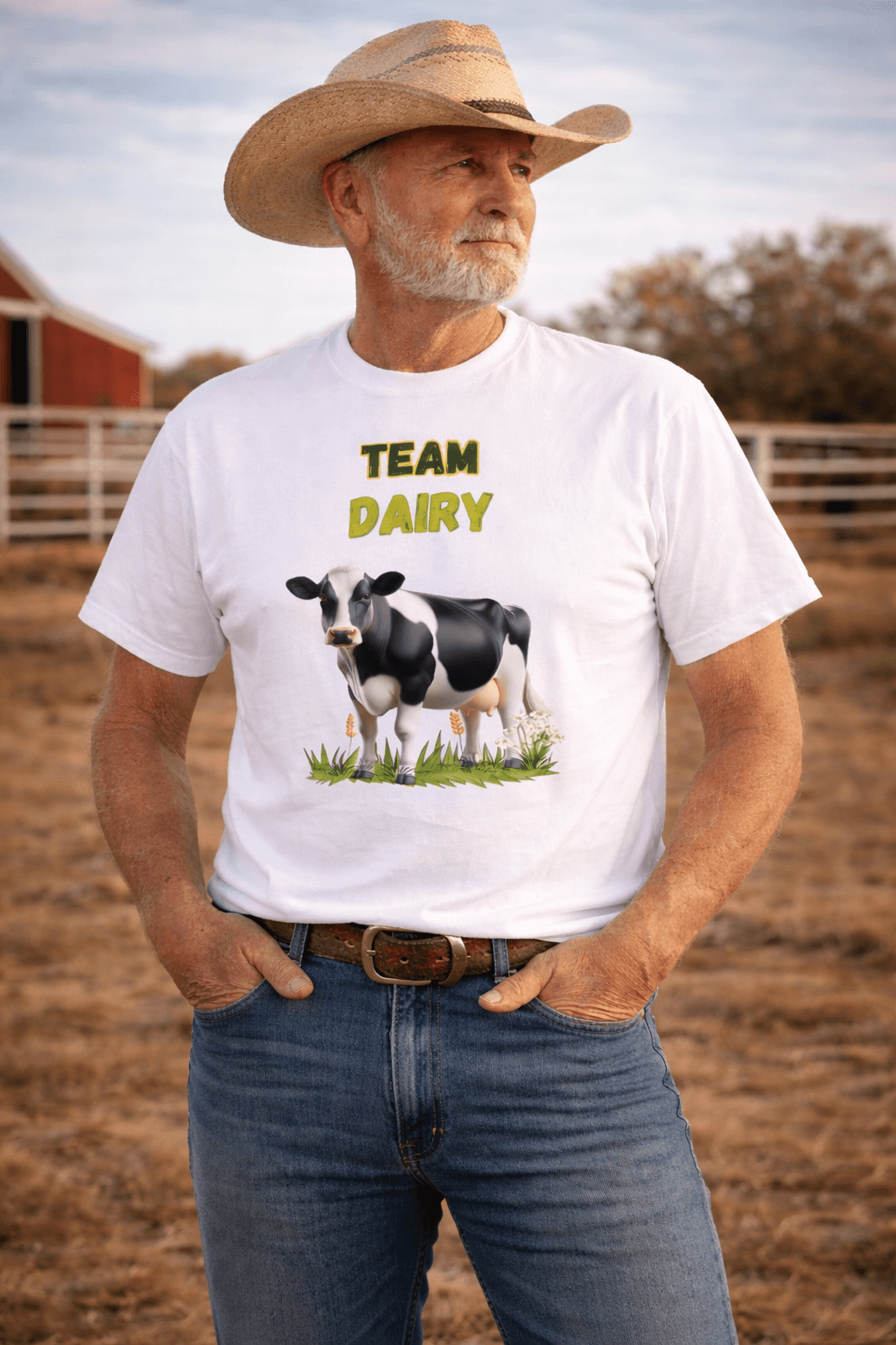 Person wearing Team Dairy T-Shirt with cow graphic, outdoors in a farming setting.