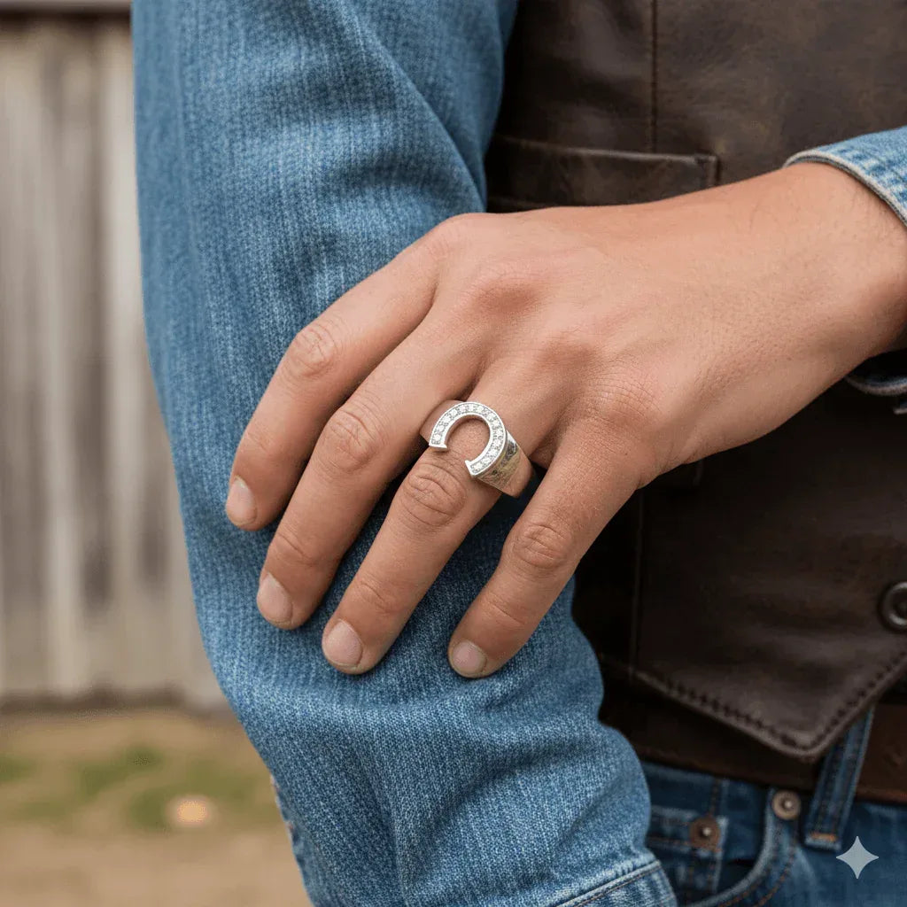 Horseshoe Mens Ring - Western .925 Sterling Silver Cubic Zirconia - The Best New Thing