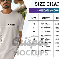 Size chart for Gildan 64000 showing measurements for Red Angus T-Shirt in various sizes.