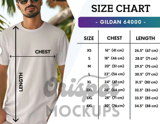 Size chart for Gildan 64000 showing measurements for Red Angus T-Shirt in various sizes.