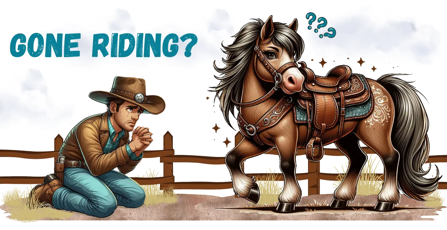 Cartoon cowboy and confused horse on Cowboy Coffee Mug Snubby Sassy Mare and Begging Cowboy