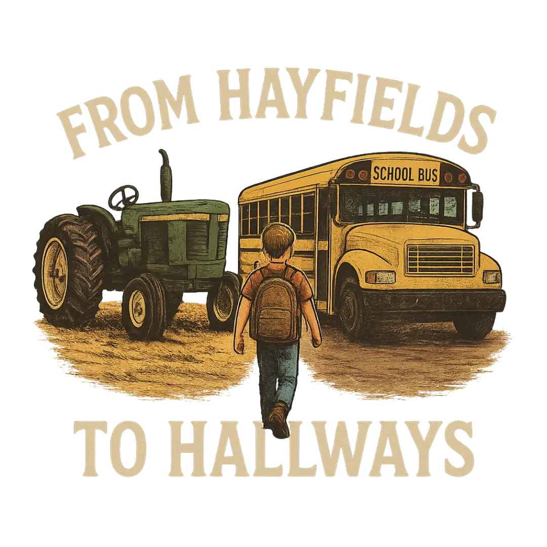 Graphic design of a young boy with a backpack between a green tractor and yellow school bus for kids T-shirt