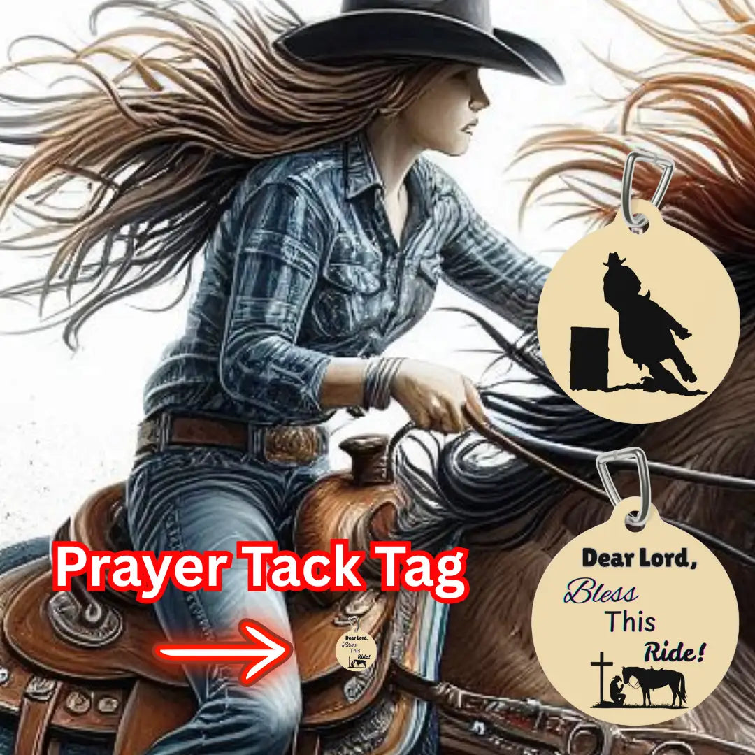 Cowgirl riding horse on Western themed Equestrian Prayer Tack Tag for horse lovers
