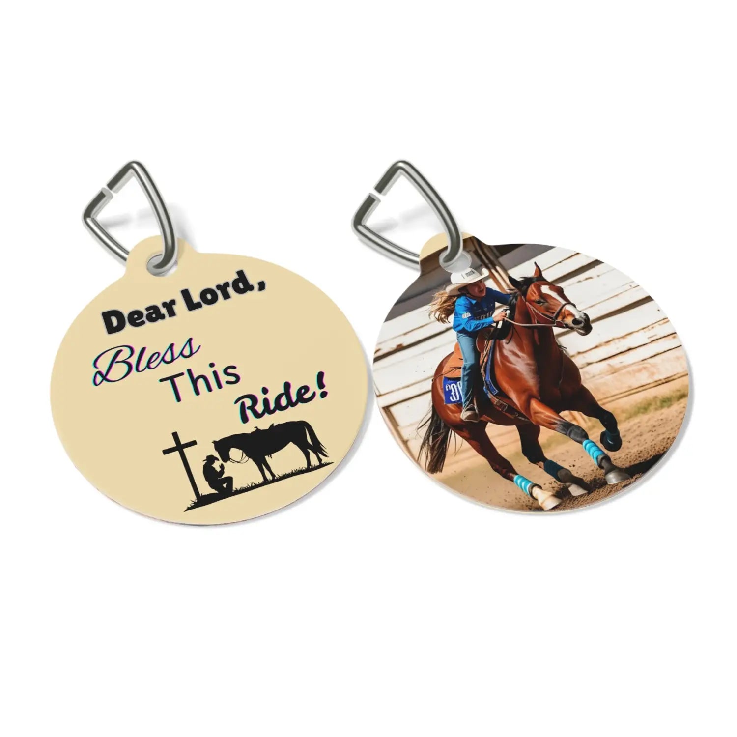 Two round keychains with Western theme design for horse lovers and pet enthusiasts