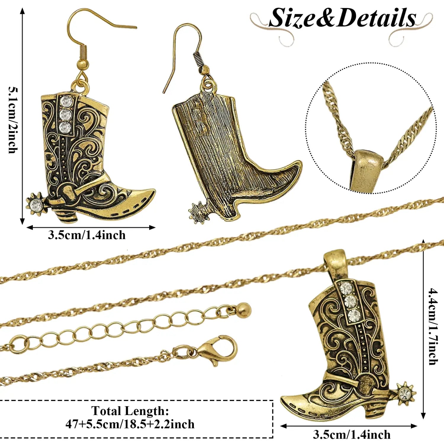 Cowgirl Boot Pendant Earrings Necklace Set with Western Cowboy Boots and Spurs for Rodeo Fashion