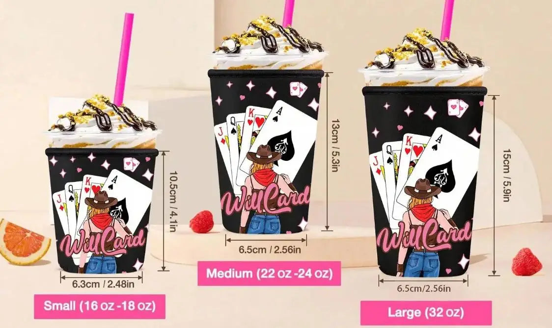Three black neoprene ice coffee drink sleeves with playing card design and whipped cream