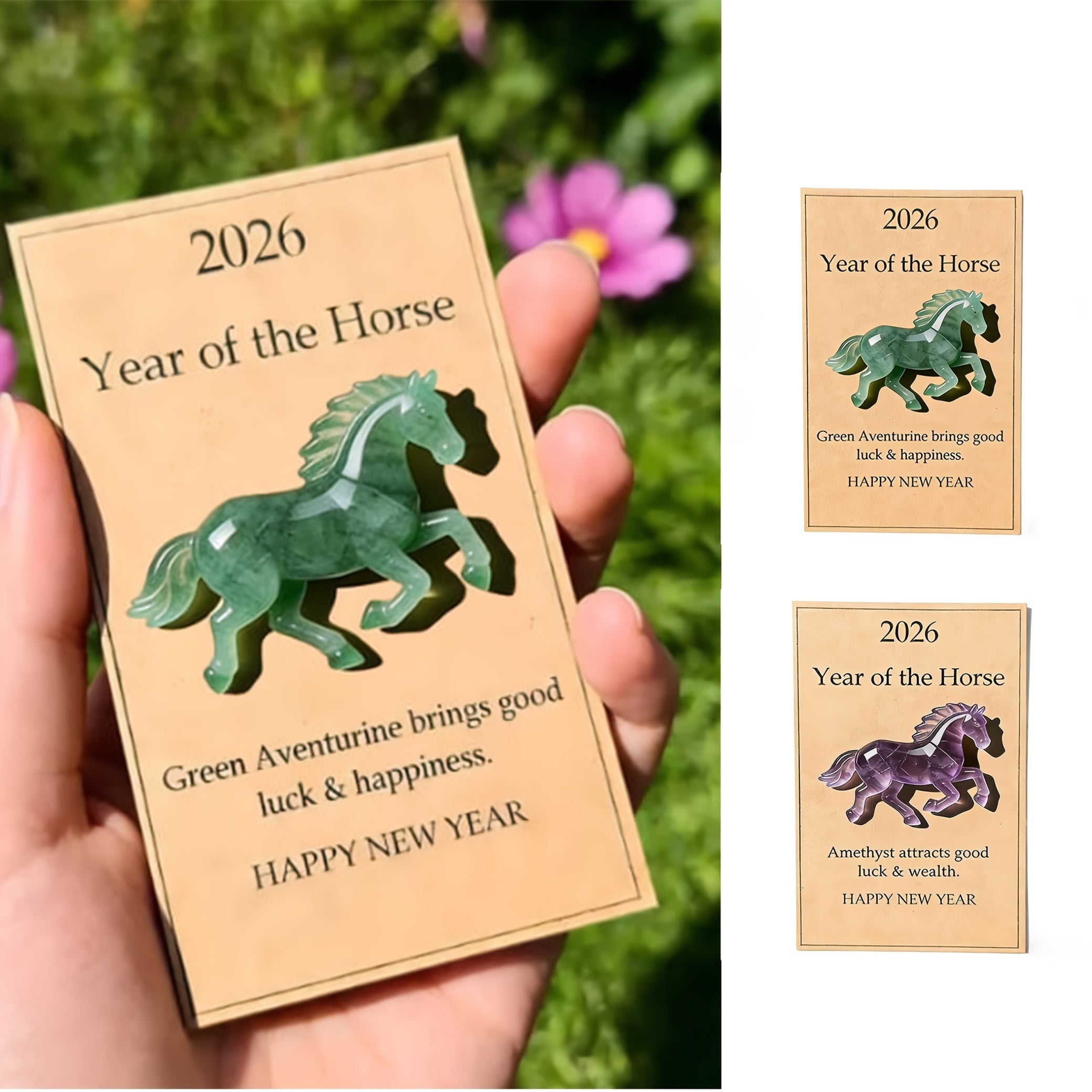 Good Luck Horse, 2026 Year of the Horse with Green Aventurine and messages of luck and happiness.