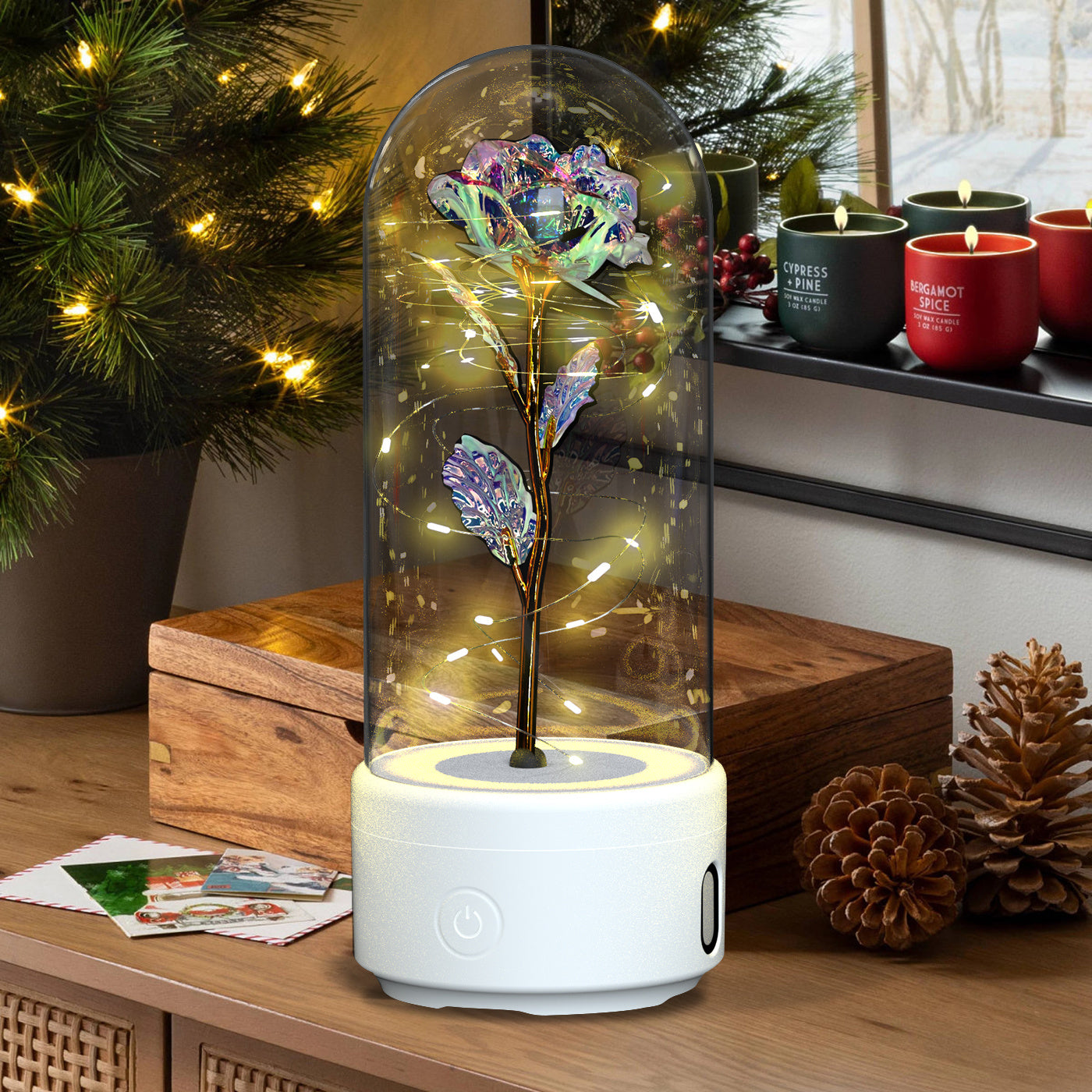 Rose Flowers, 2 in 1 LED Light and Bluetooth Compatible Speaker in Glass Cover - The Best New Thing