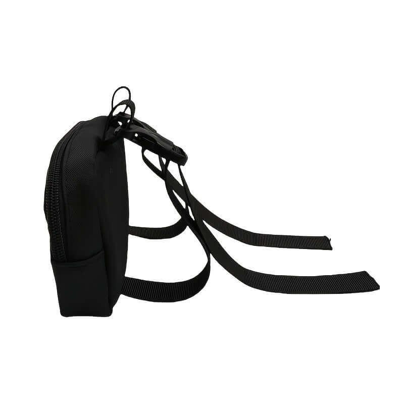 Black Saddle Horn Bag side view, waterproof with straps, perfect for trail riding accessories and essentials.