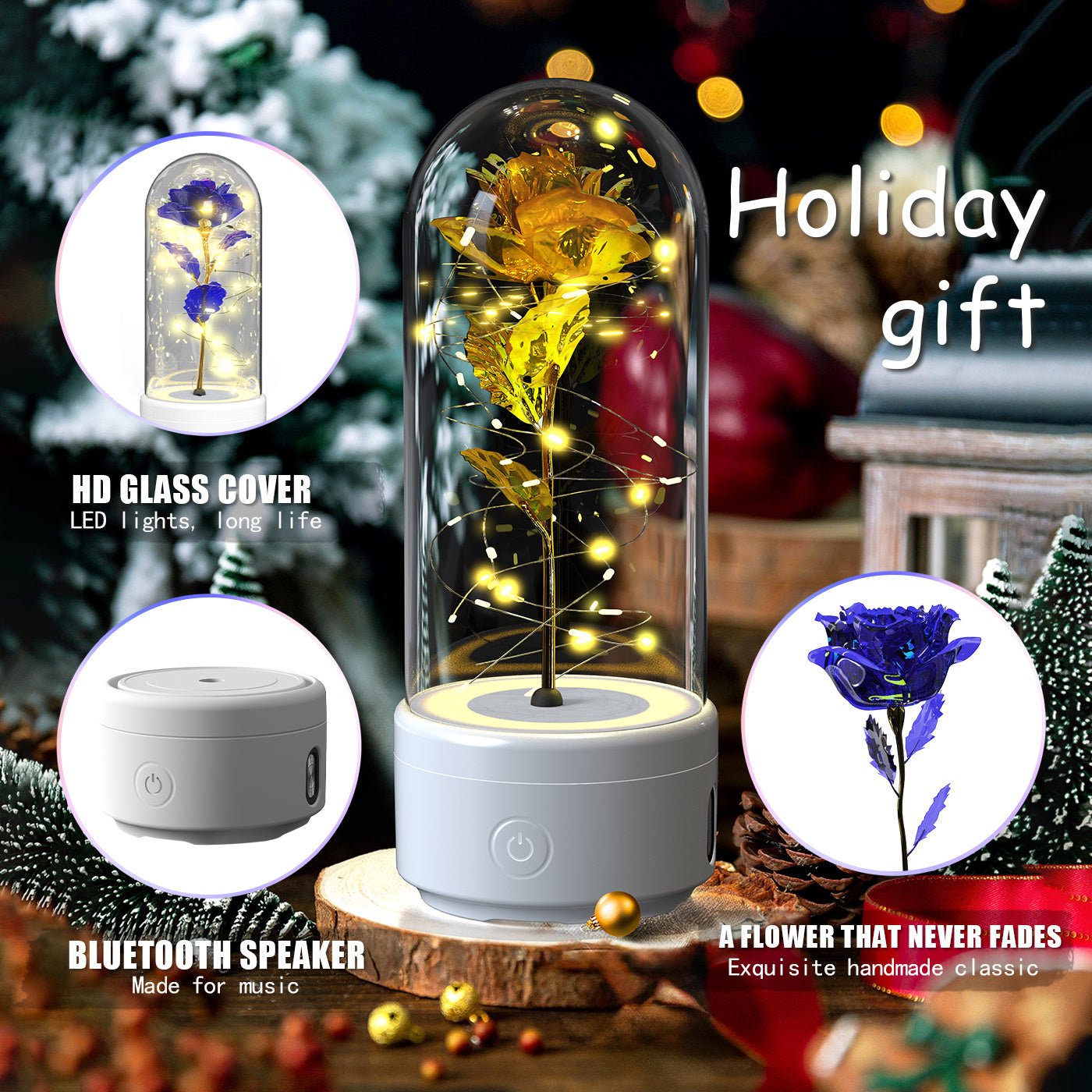 Rose Flowers, 2 in 1 LED Light and Bluetooth Compatible Speaker in Glass Cover - The Best New Thing